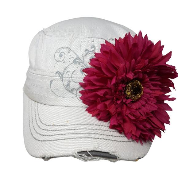 Leather LOGA Cadet Army Cap White One Size Adjustable Distressed Flower - Picture 1 of 10